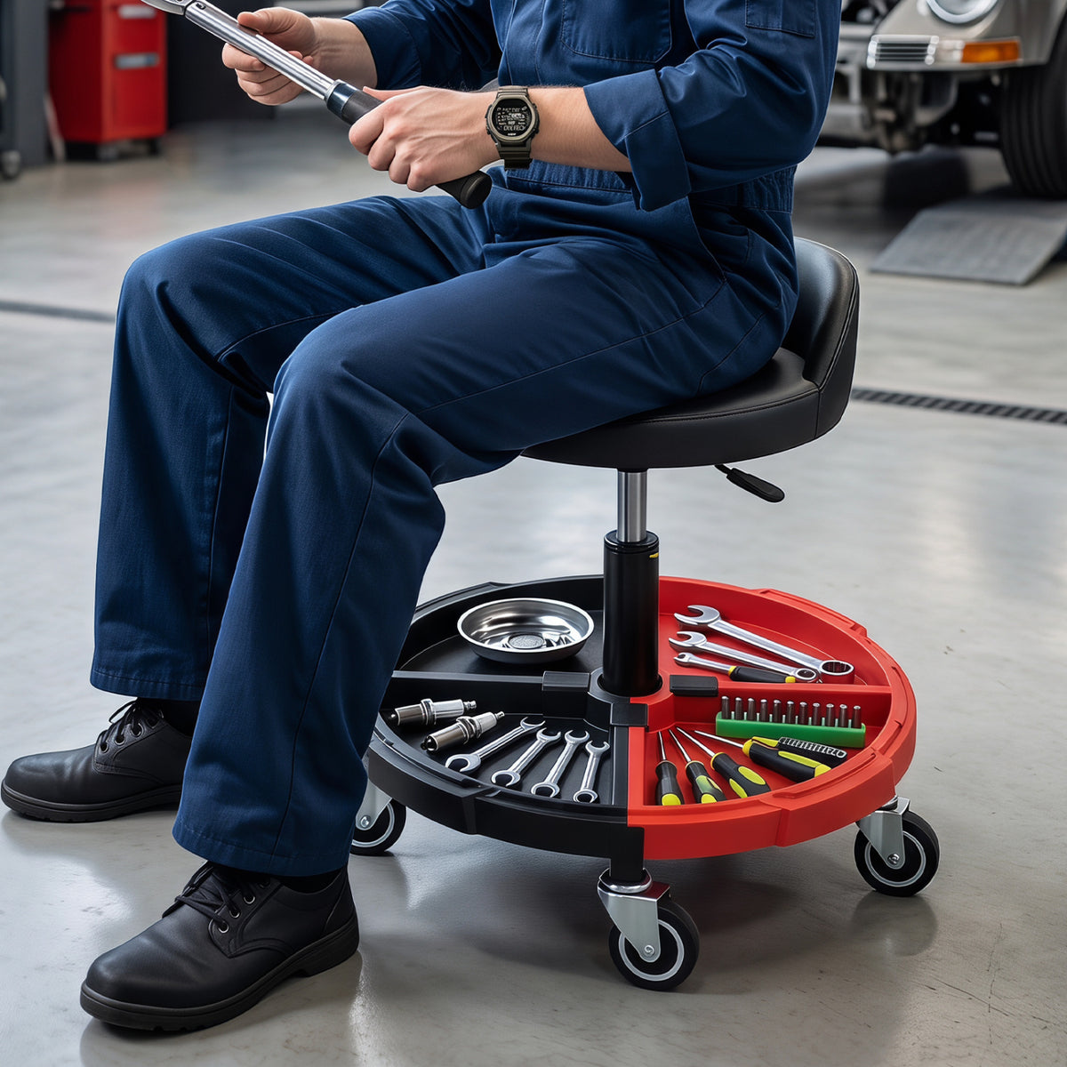 360° Rolling Mechanic Stool with 1 Tool Storage Tray