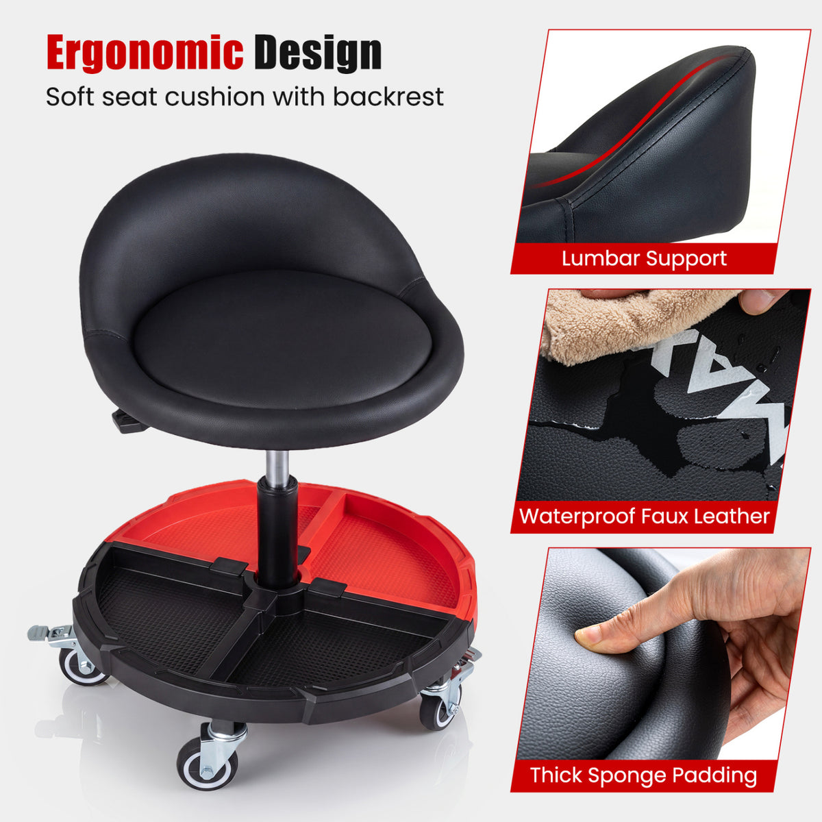 360° Rolling Mechanic Stool with 1 Tool Storage Tray