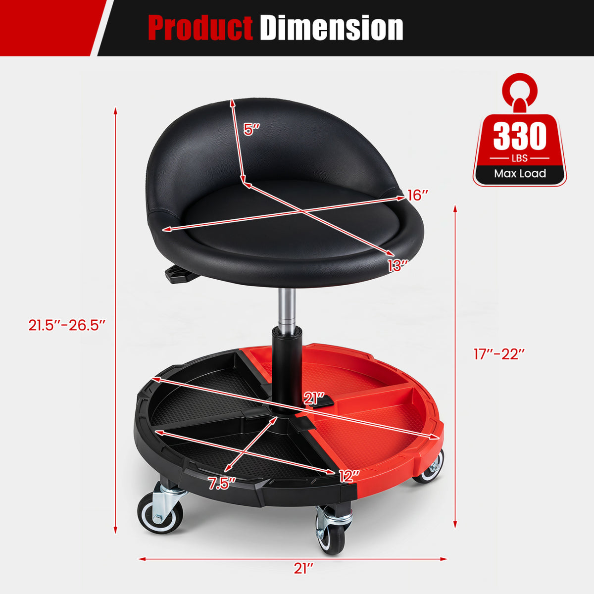 360° Rolling Mechanic Stool with 1 Tool Storage Tray