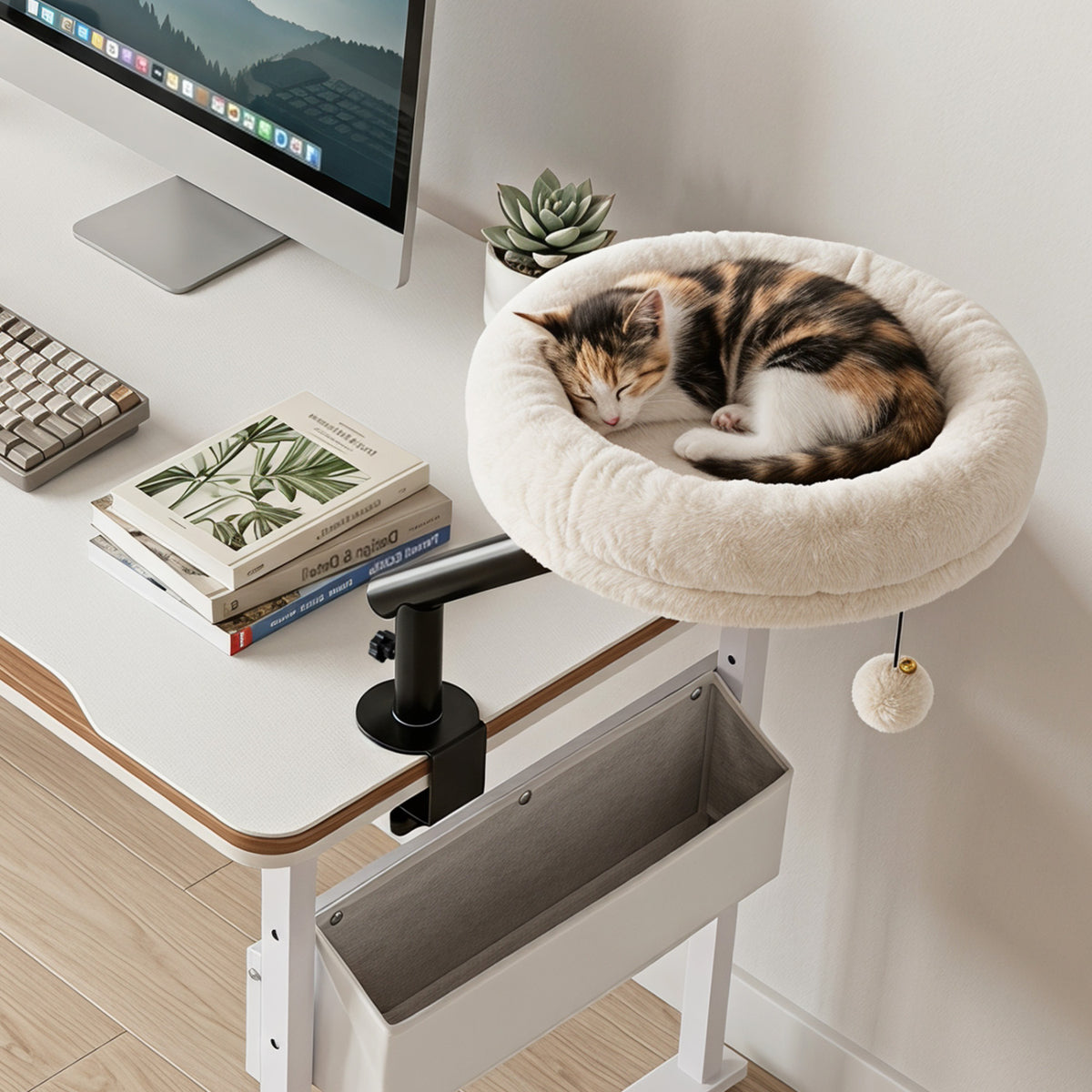 White 360° Rotating Cat Desk Bed with Removable Perch & Play Toy