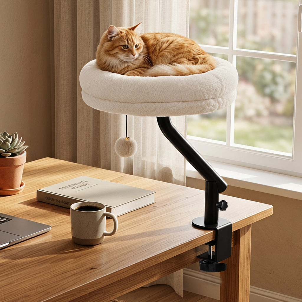 White 360° Rotating Cat Desk Bed with Removable Perch & Play Toy