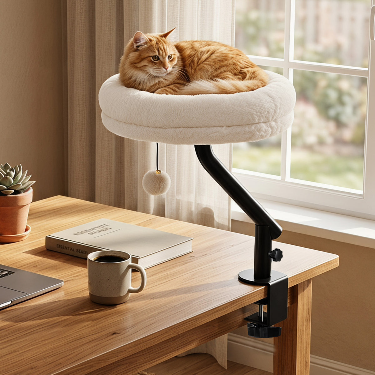 White 360° Rotating Cat Desk Bed with Removable Perch & Play Toy