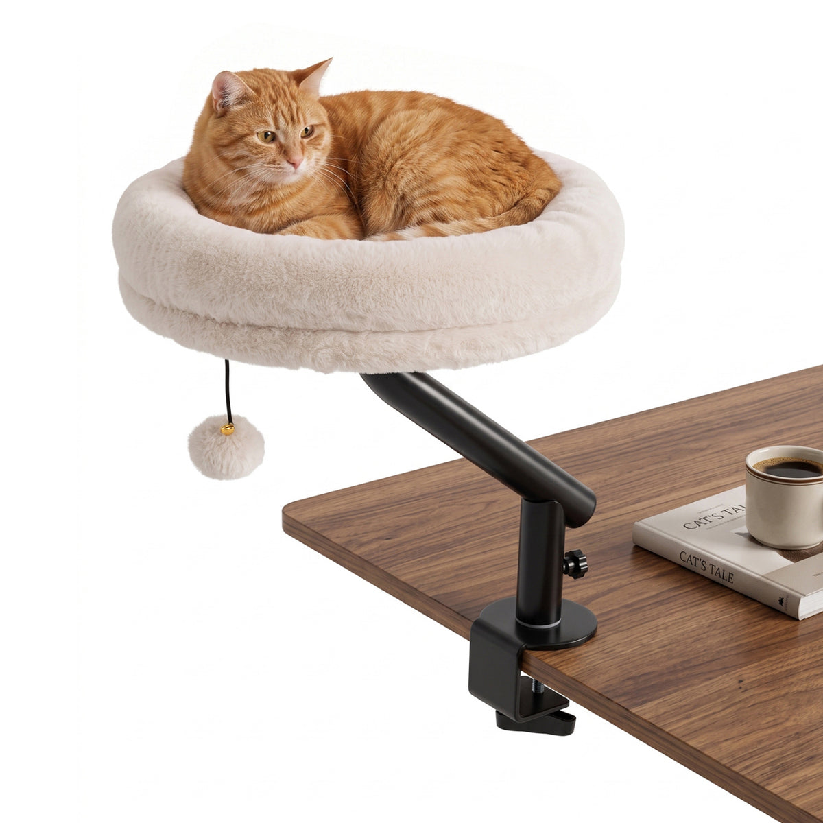 White 360° Rotating Cat Desk Bed with Removable Perch & Play Toy