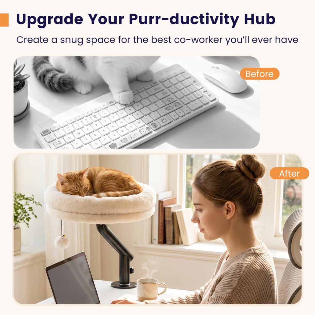White 360° Rotating Cat Desk Bed with Removable Perch & Play Toy