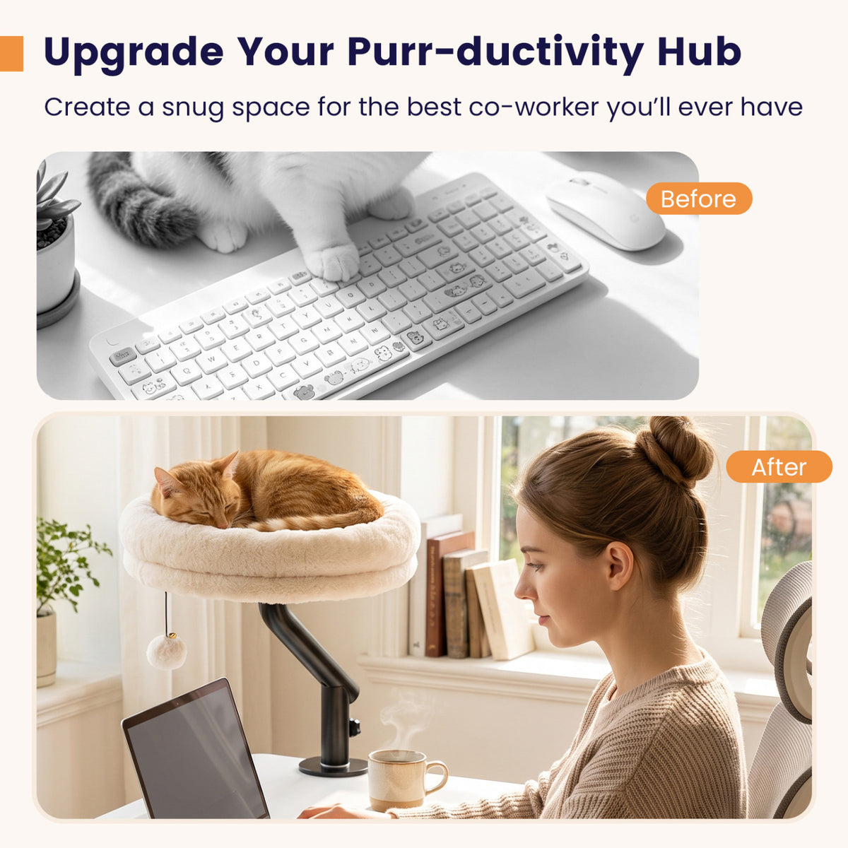 White 360° Rotating Cat Desk Bed with Removable Perch & Play Toy