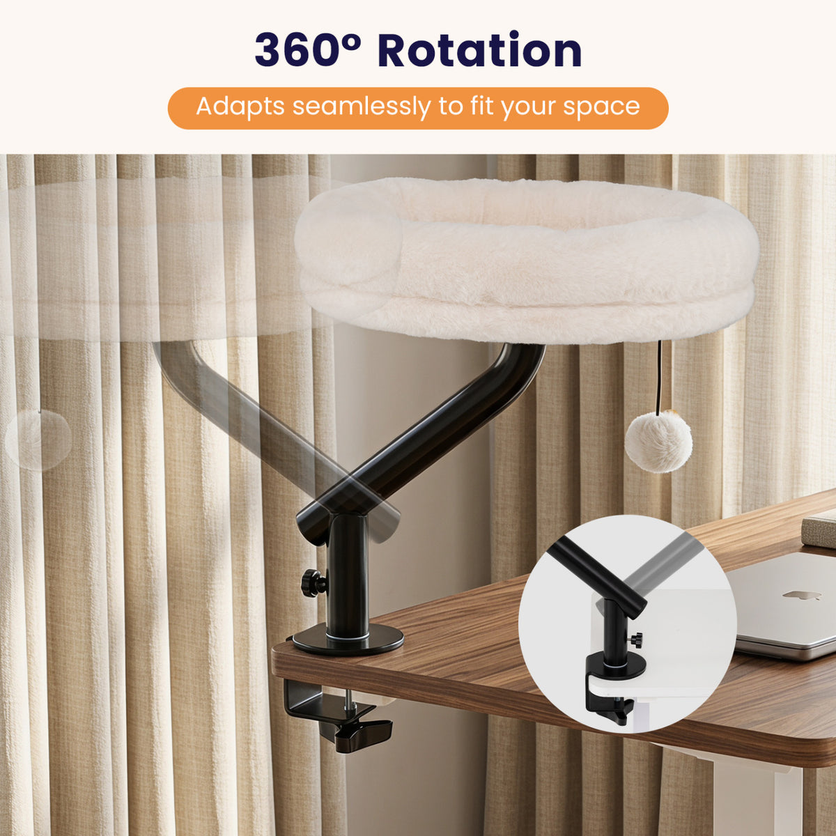 White 360° Rotating Cat Desk Bed with Removable Perch & Play Toy