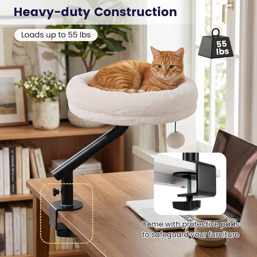 White 360° Rotating Cat Desk Bed with Removable Perch & Play Toy
