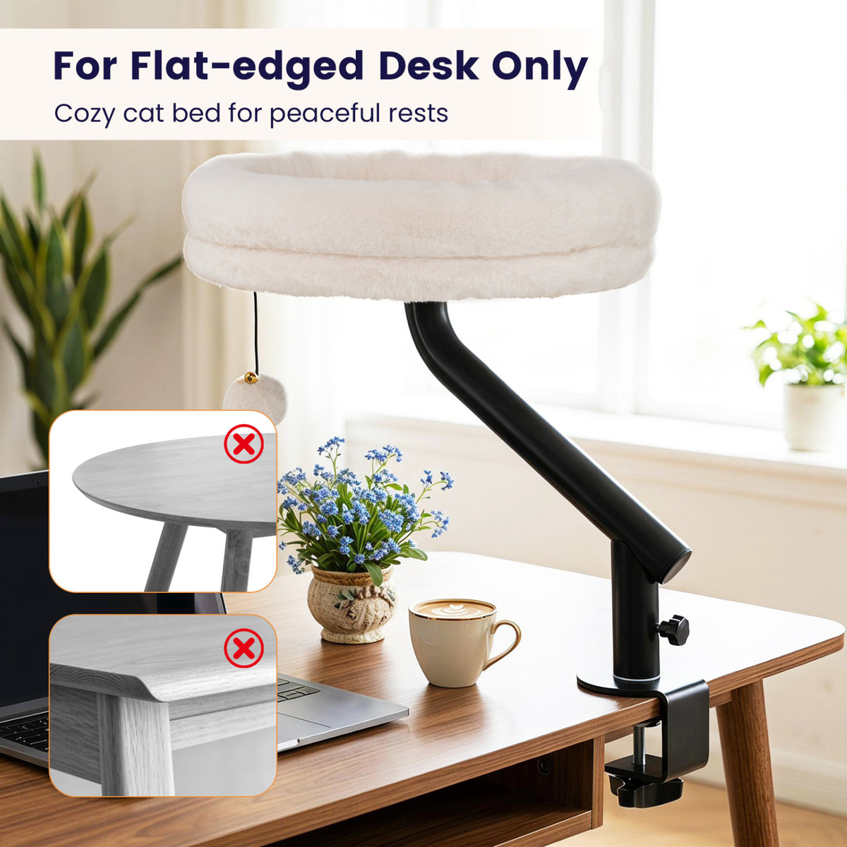 White 360° Rotating Cat Desk Bed with Removable Perch & Play Toy