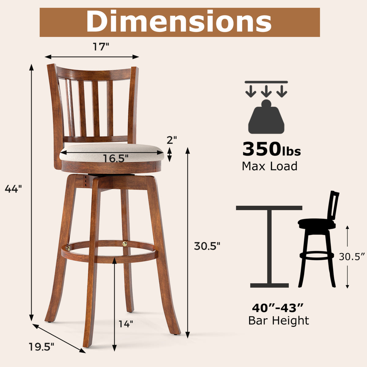 360° Rotating Counter Height Chairs Set of 2, 29 inches