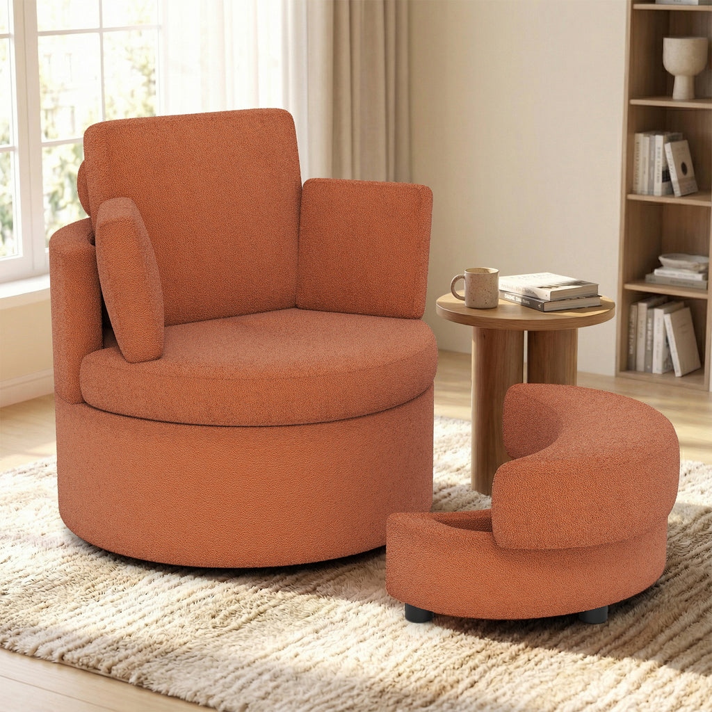360° Swivel Accent Chair with Storage Ottoman - Light Brown