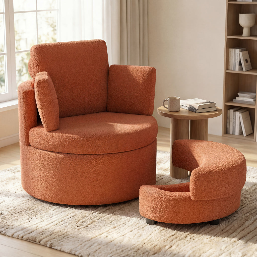 360° Swivel Accent Chair with Storage Ottoman - Light Brown