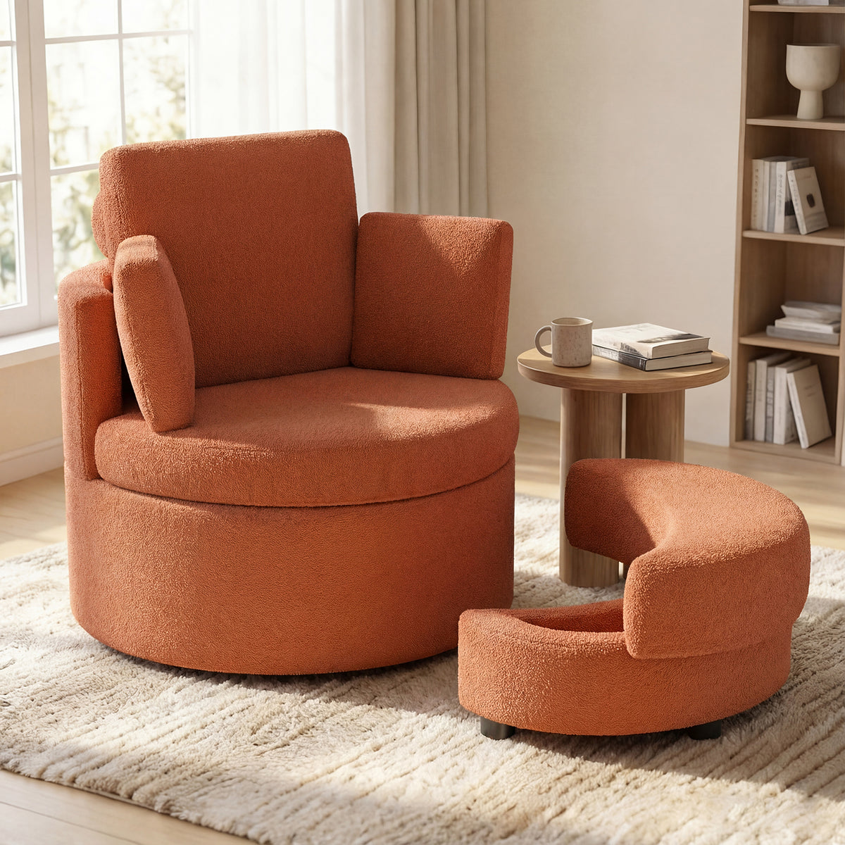 360° Swivel Accent Chair with Storage Ottoman - Light Brown