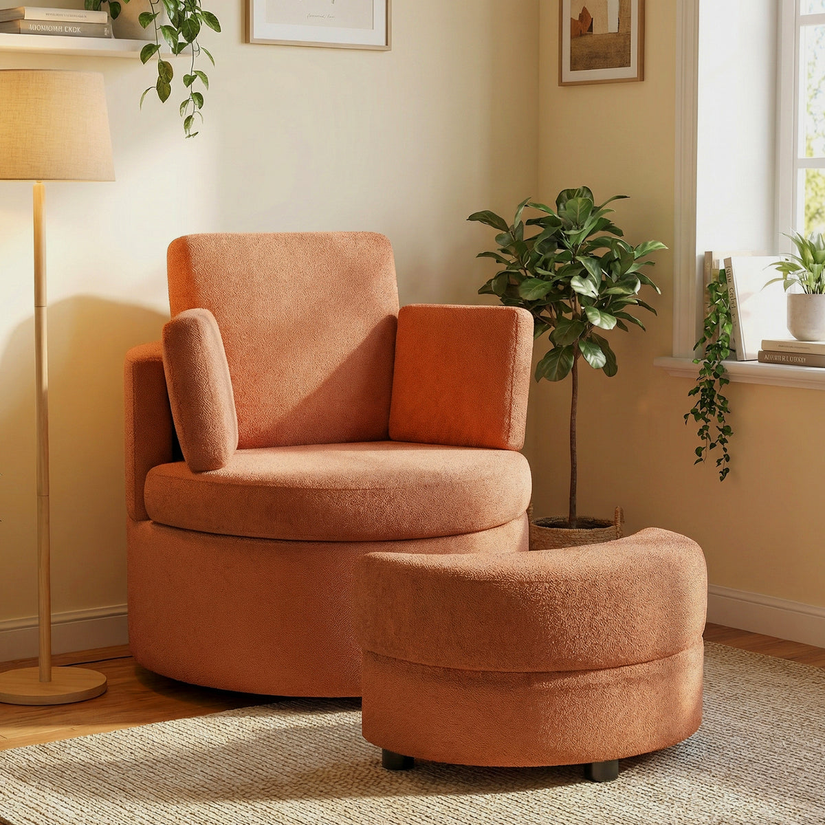 360° Swivel Accent Chair with Storage Ottoman - Light Brown