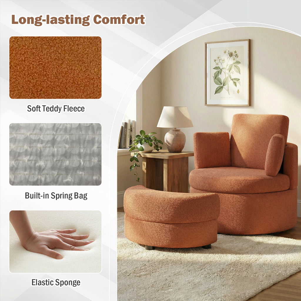 360° Swivel Accent Chair with Storage Ottoman - Light Brown