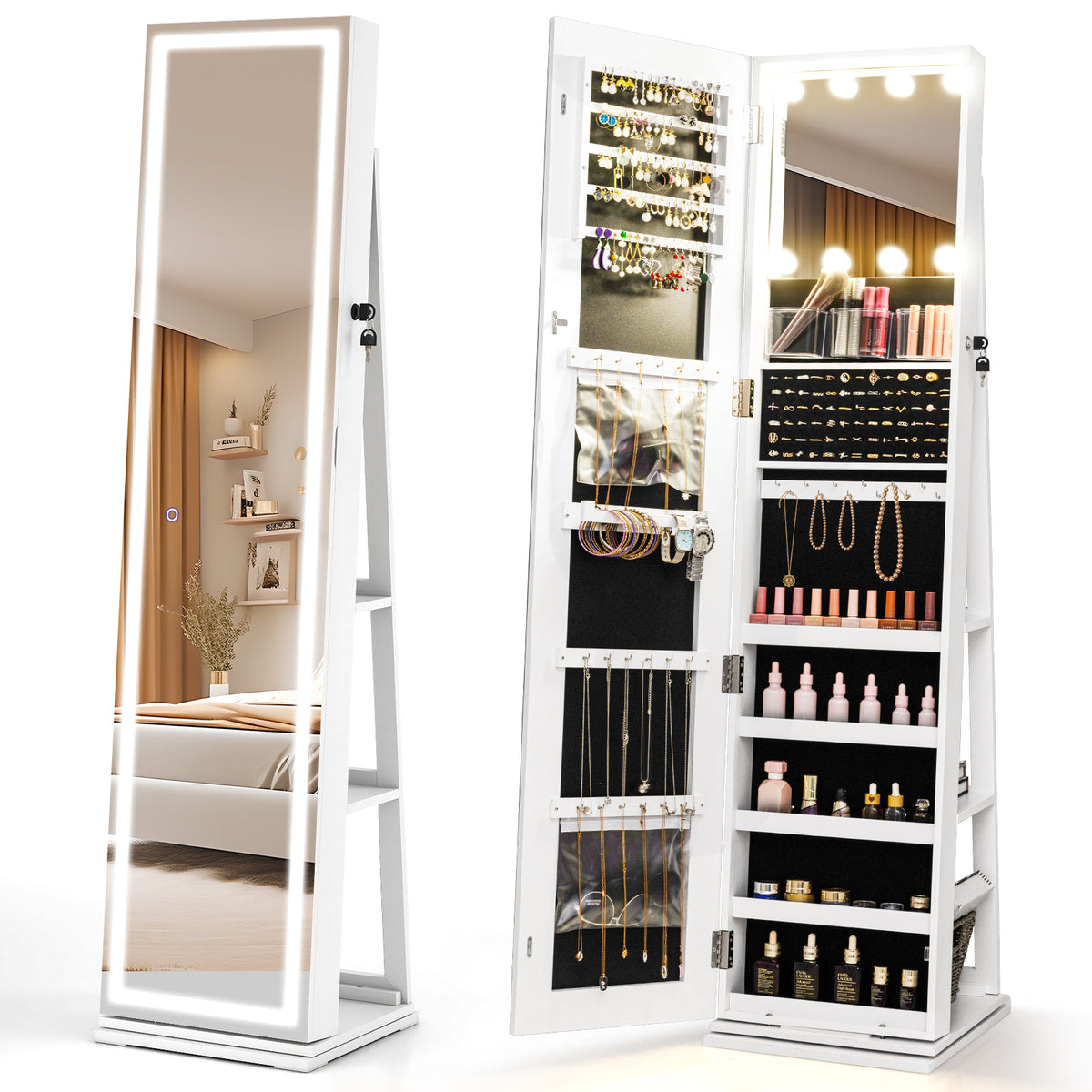 360° Swivel Jewelry Cabinet with Lighted Mirror, White