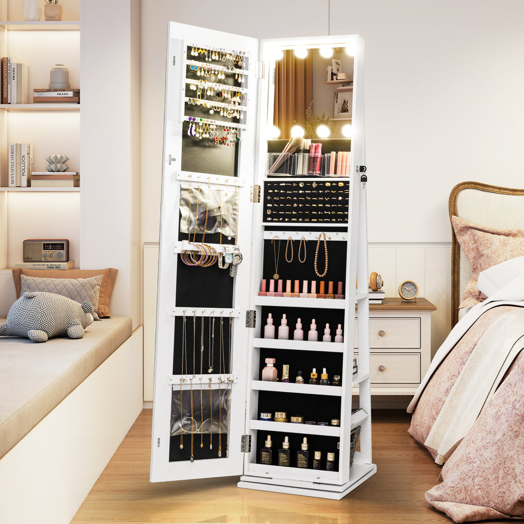 360° Swivel Jewelry Cabinet with Lighted Mirror, White