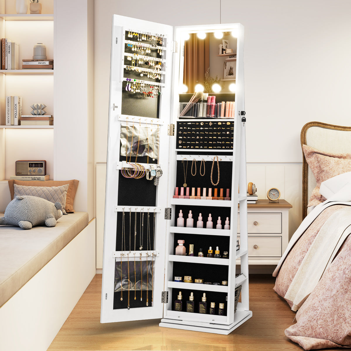 360° Swivel Jewelry Cabinet with Lighted Mirror, White