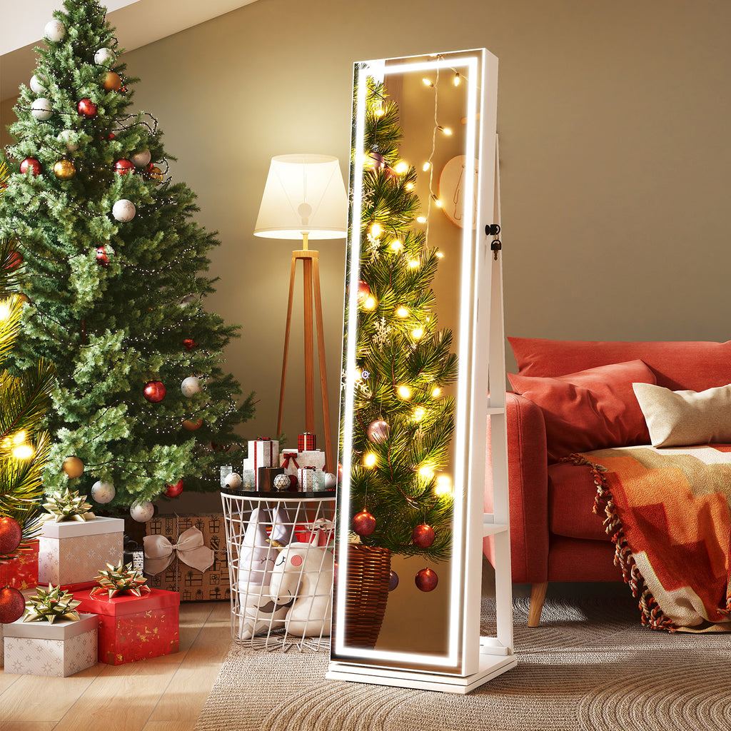 360° Swivel Jewelry Cabinet with Lighted Mirror, White