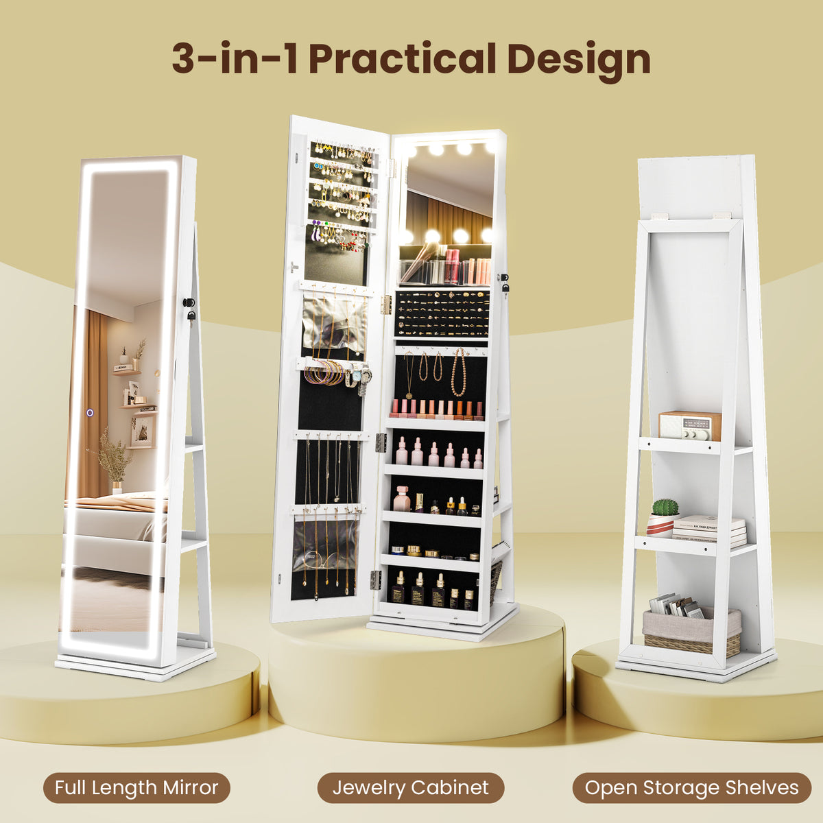 360° Swivel Jewelry Cabinet with Lighted Mirror, White