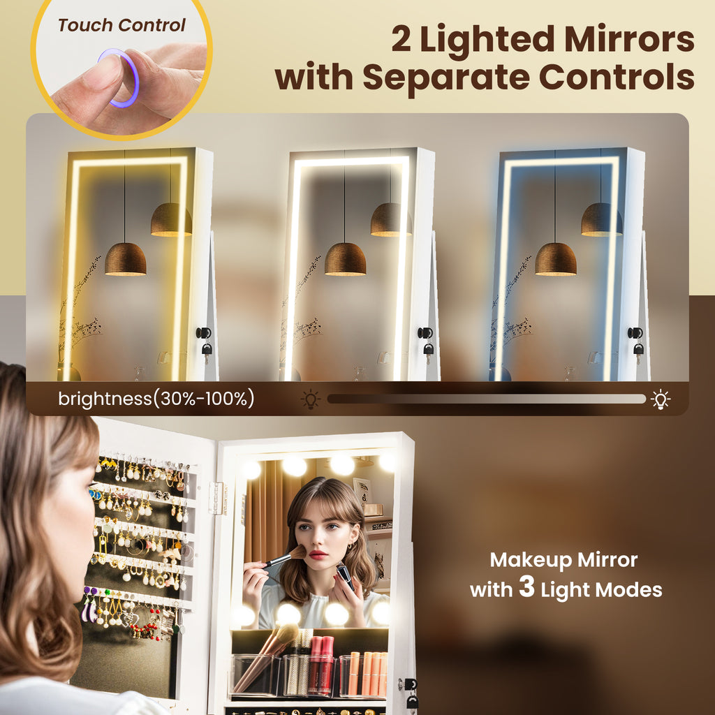 360° Swivel Jewelry Cabinet with Lighted Mirror, White