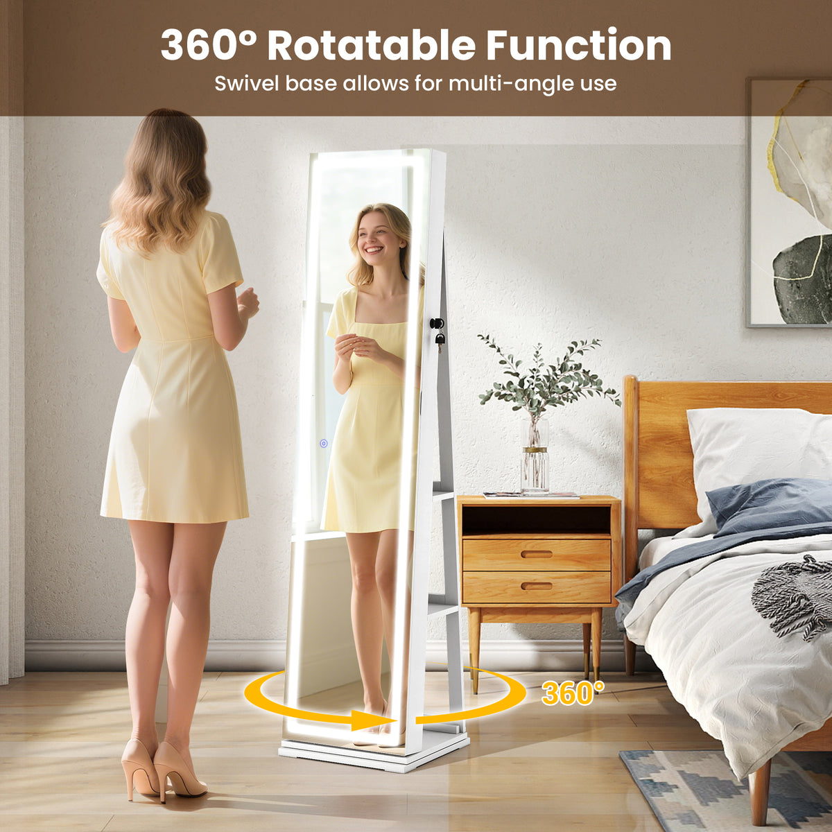 360° Swivel Jewelry Cabinet with Lighted Mirror, White