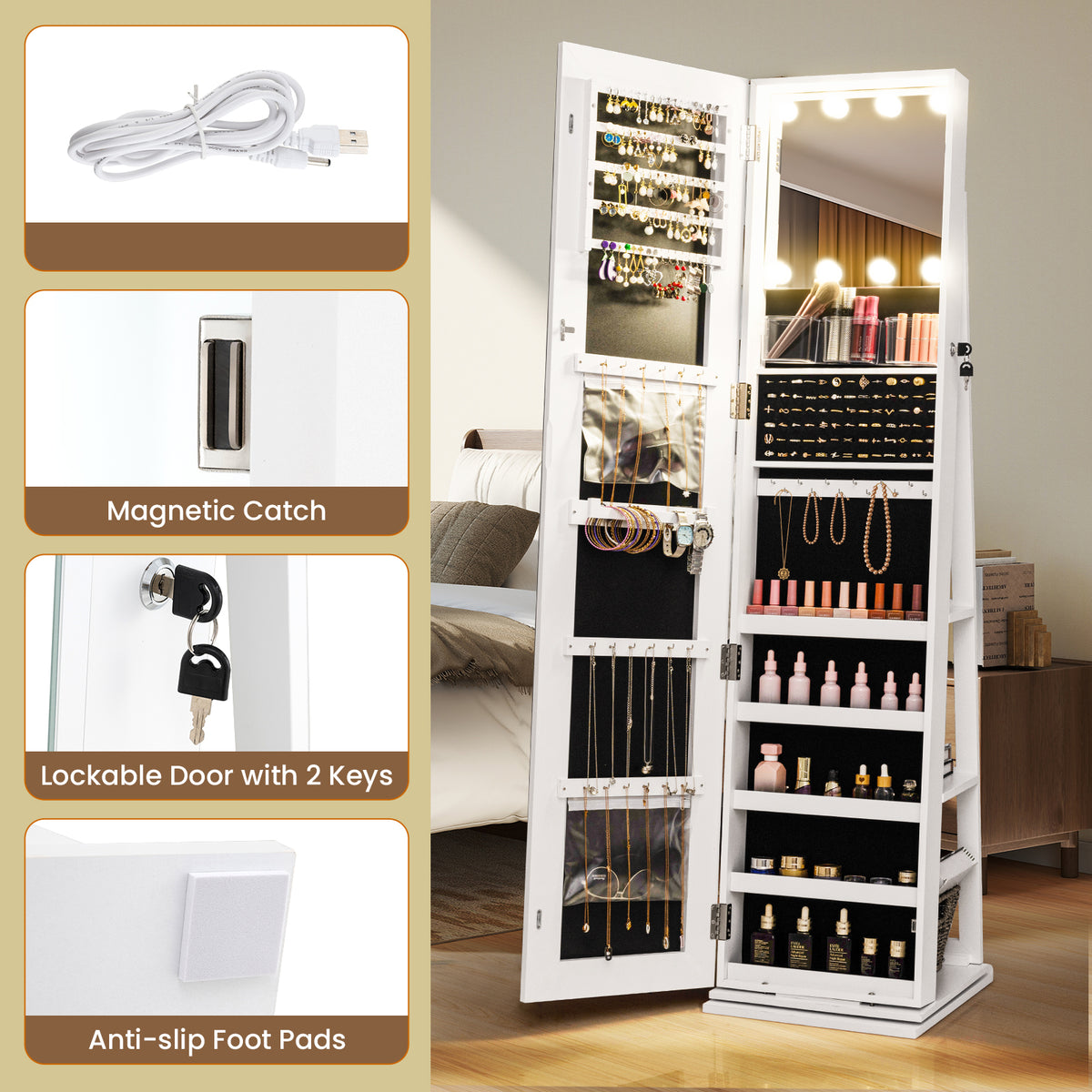 360° Swivel Jewelry Cabinet with Lighted Mirror, White