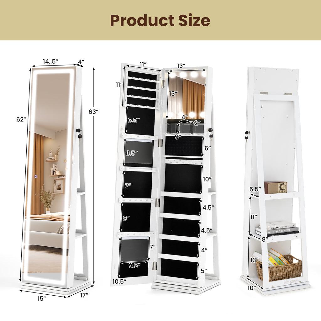 360° Swivel Jewelry Cabinet with Lighted Mirror, White