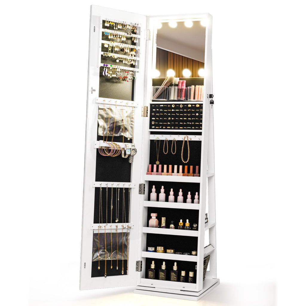 360° Swivel Jewelry Cabinet with Lighted Mirror, White