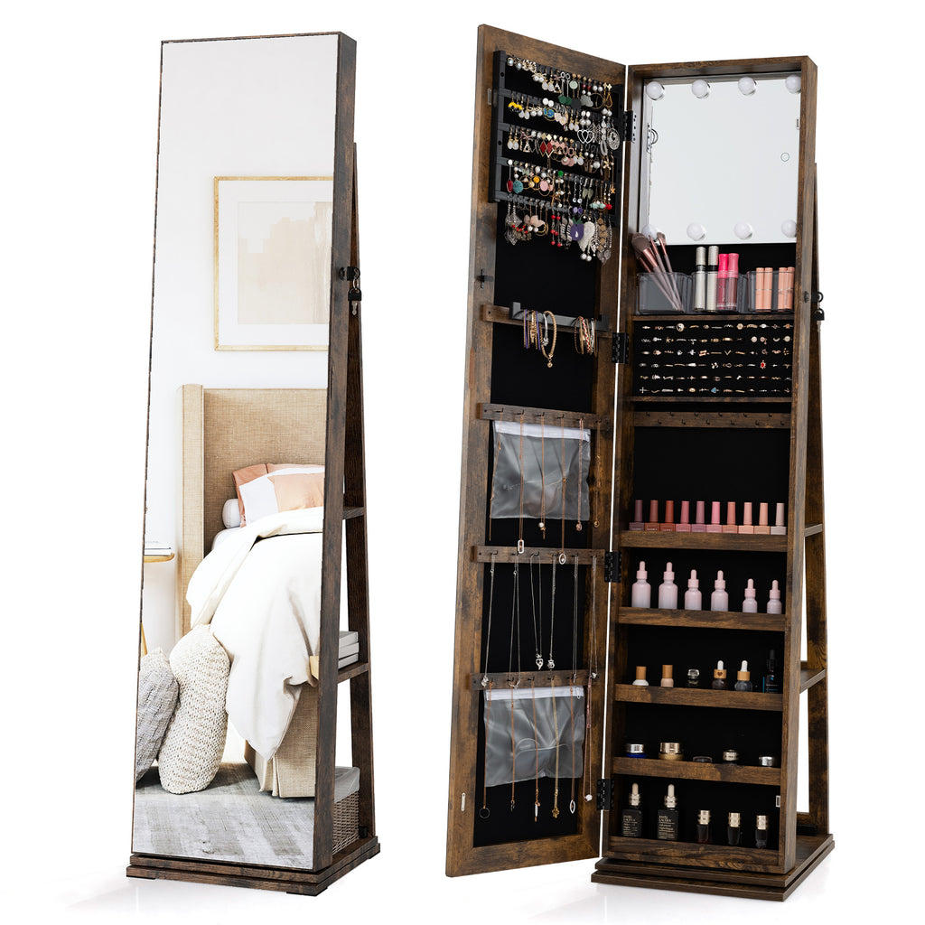64" Lockable Jewelry Armoire with Built-in Makeup Mirror - Brown