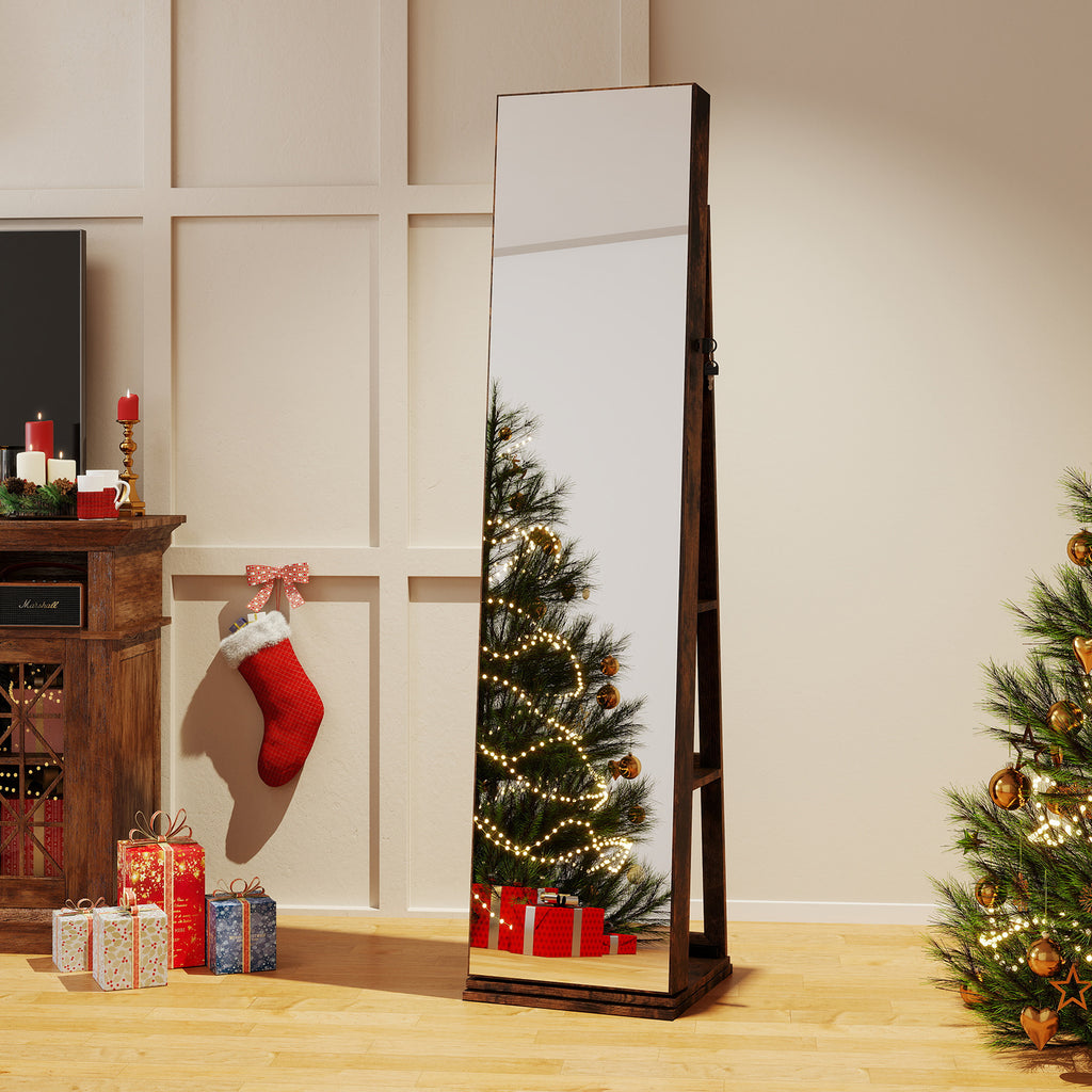 360° Swivel Jewelry Cabinet with Full Length Mirror - Rustic Brown