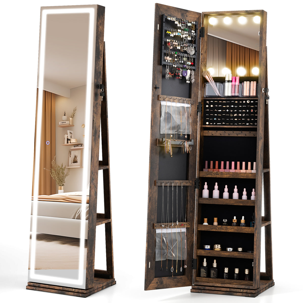 Lockable Jewelry Cabinet Armoire with Mirror and Lights, Black