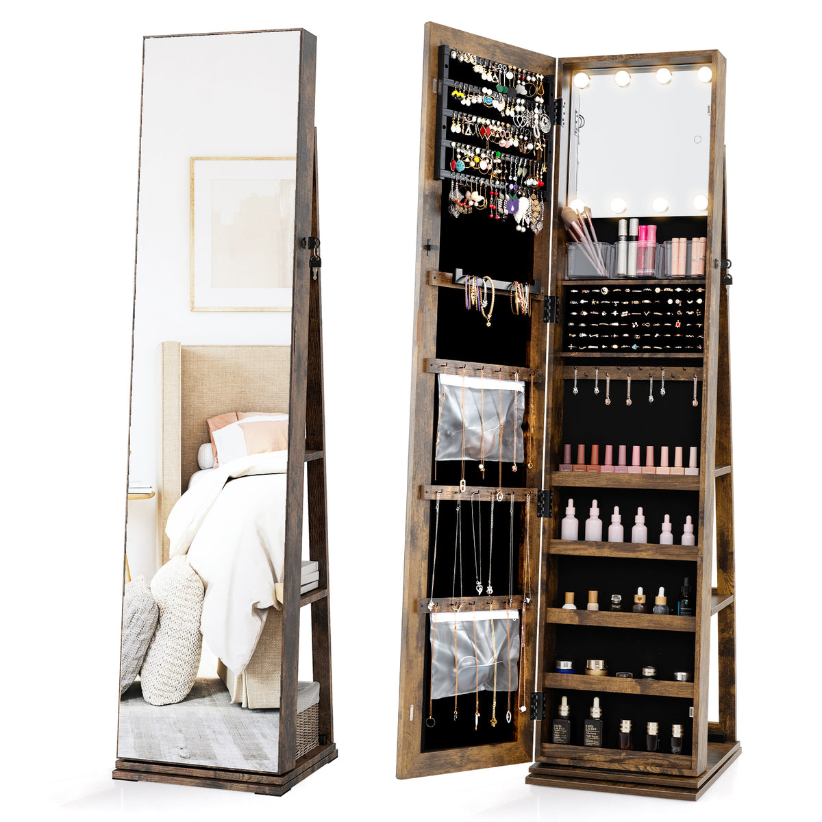 360° Swivel Jewelry Cabinet with Full Length Mirror - Rustic Brown