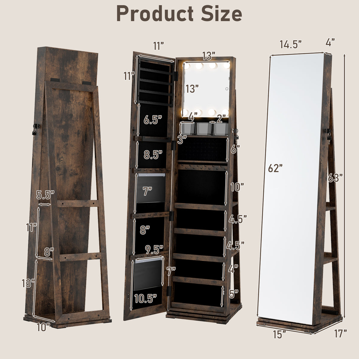 360° Swivel Jewelry Cabinet with Full Length Mirror - Rustic Brown