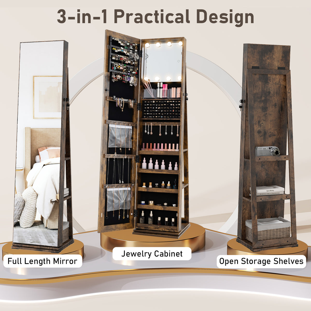 360° Swivel Jewelry Cabinet with Full Length Mirror - Rustic Brown