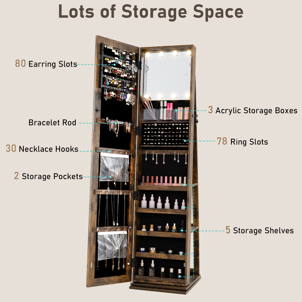 360° Swivel Jewelry Cabinet with Full Length Mirror - Rustic Brown
