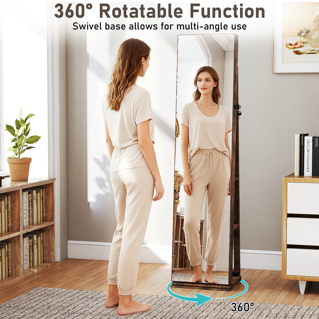 360° Swivel Jewelry Cabinet with Full Length Mirror - Rustic Brown