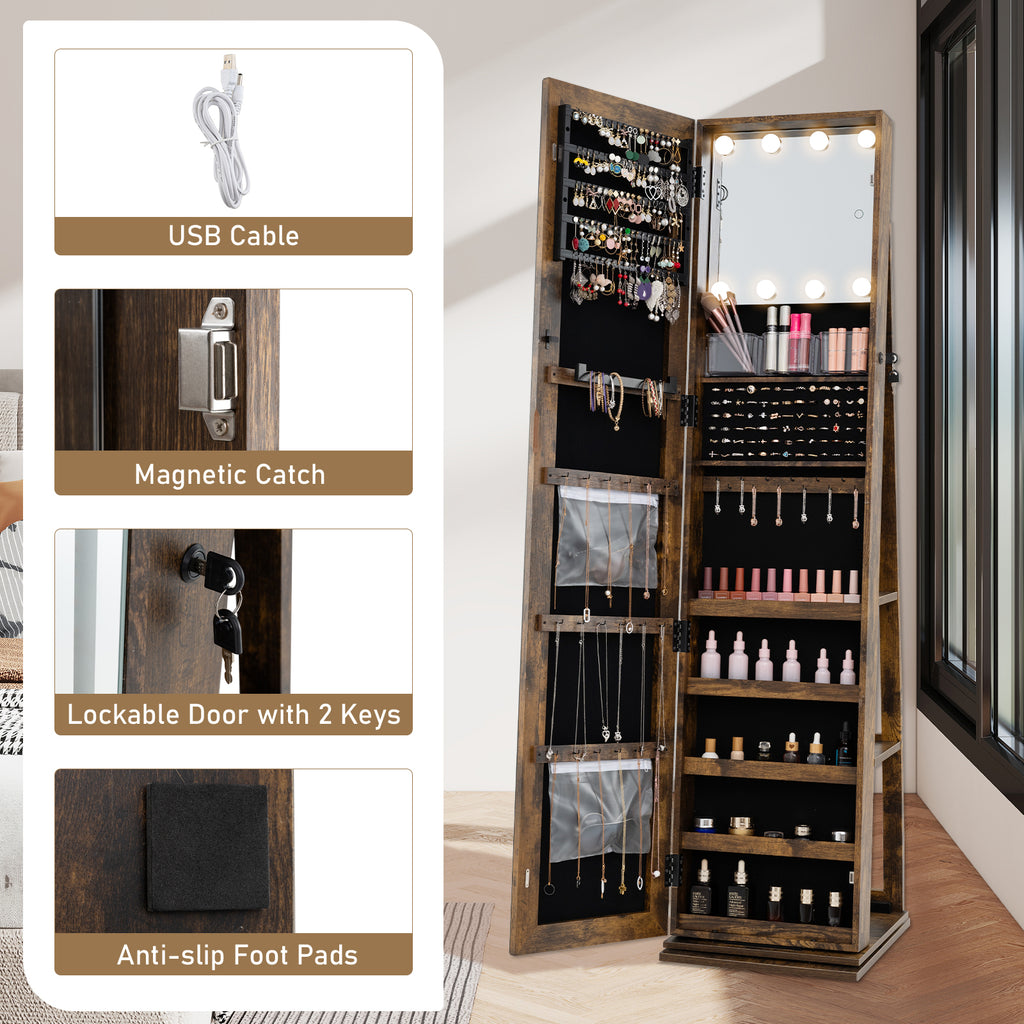 360° Swivel Jewelry Cabinet with Full Length Mirror - Rustic Brown
