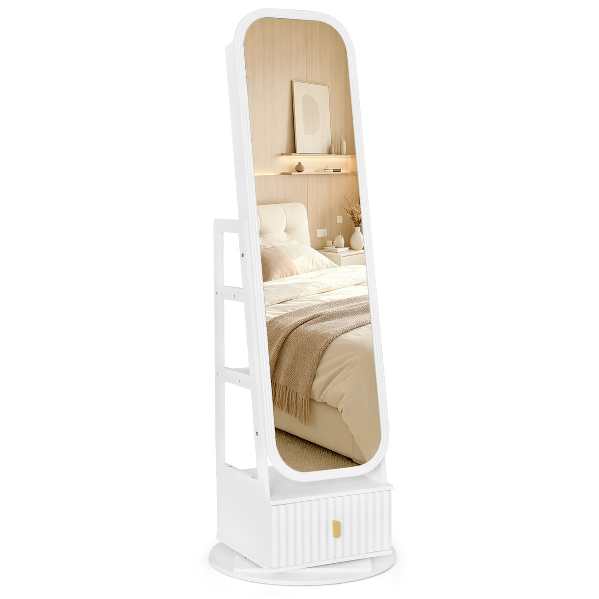 360° Swivel Jewelry Cabinet with Full-Length Mirror - White