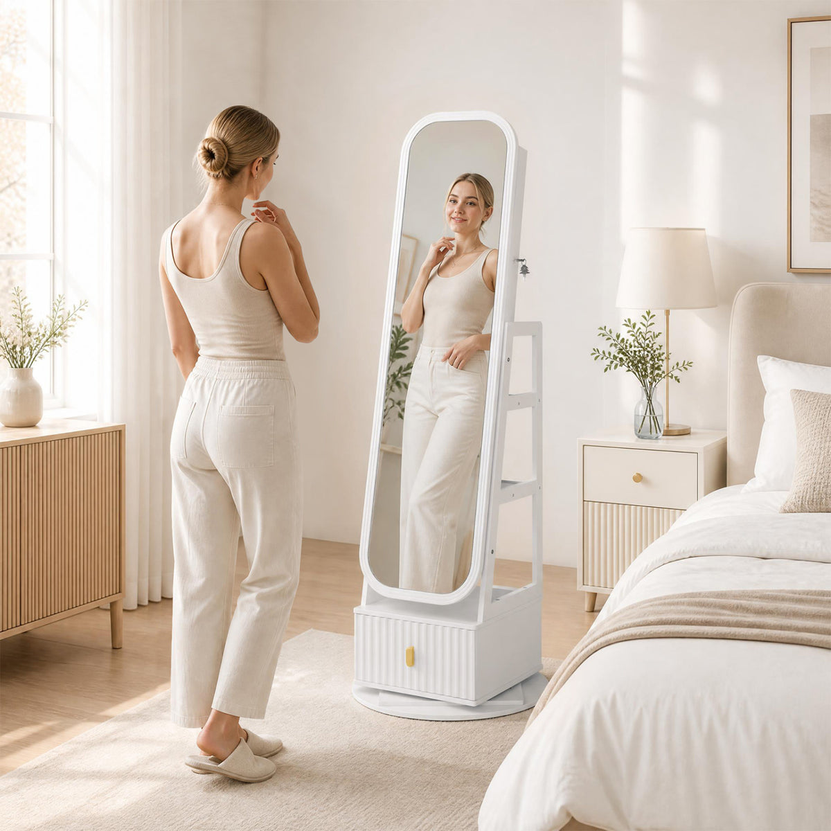 360° Swivel Jewelry Cabinet with Full-Length Mirror - White