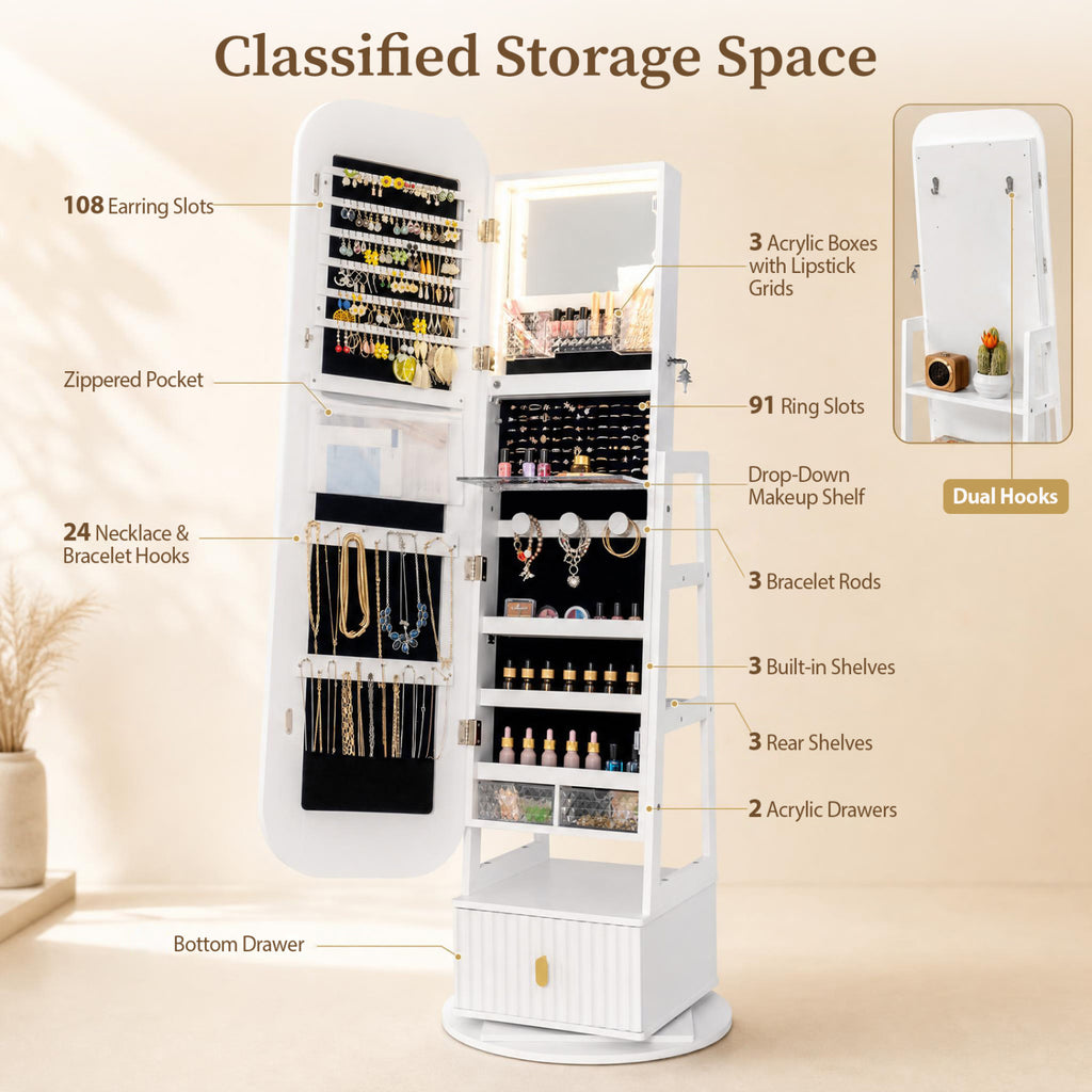 360° Swivel Jewelry Cabinet with Full-Length Mirror - White