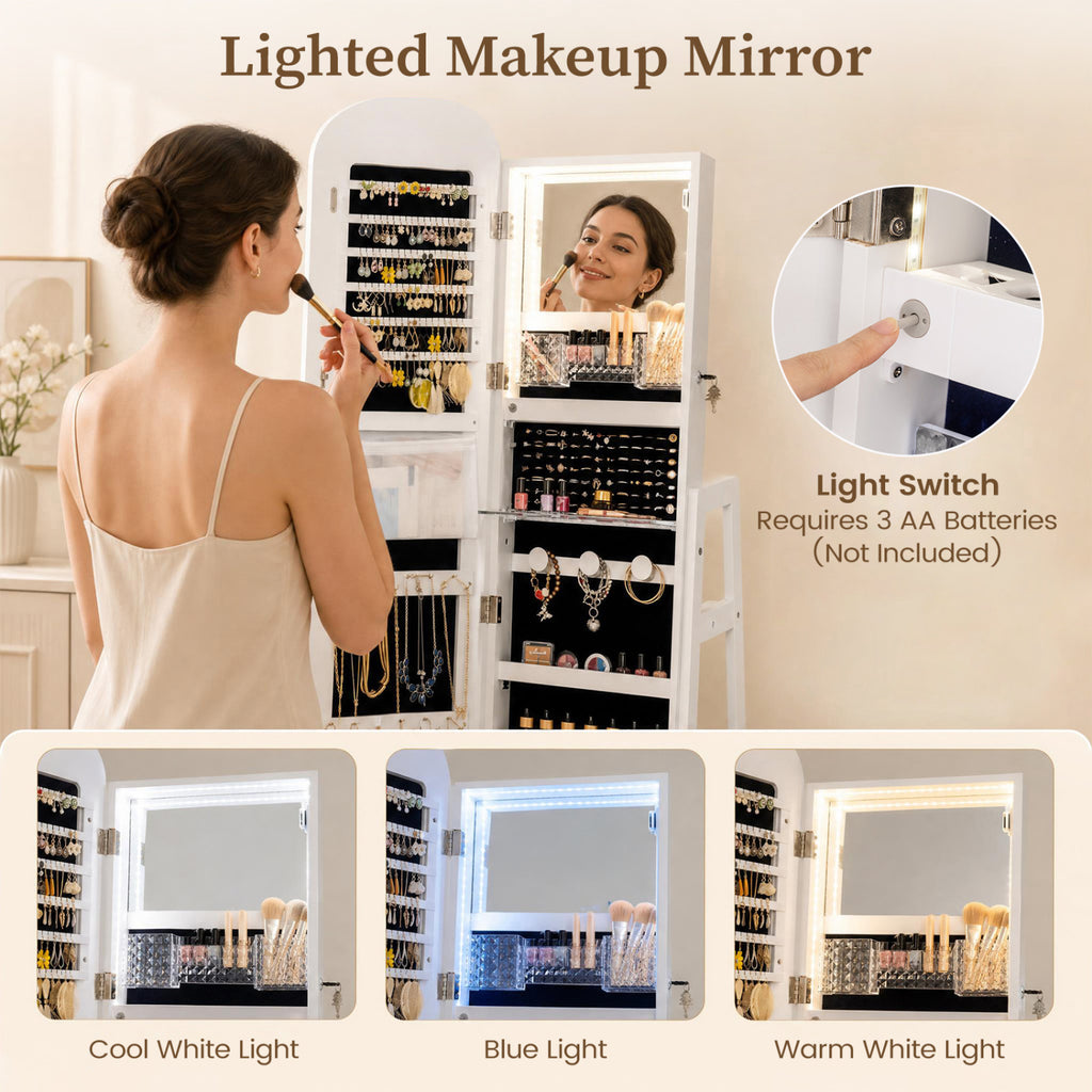 360° Swivel Jewelry Cabinet with Full-Length Mirror - White