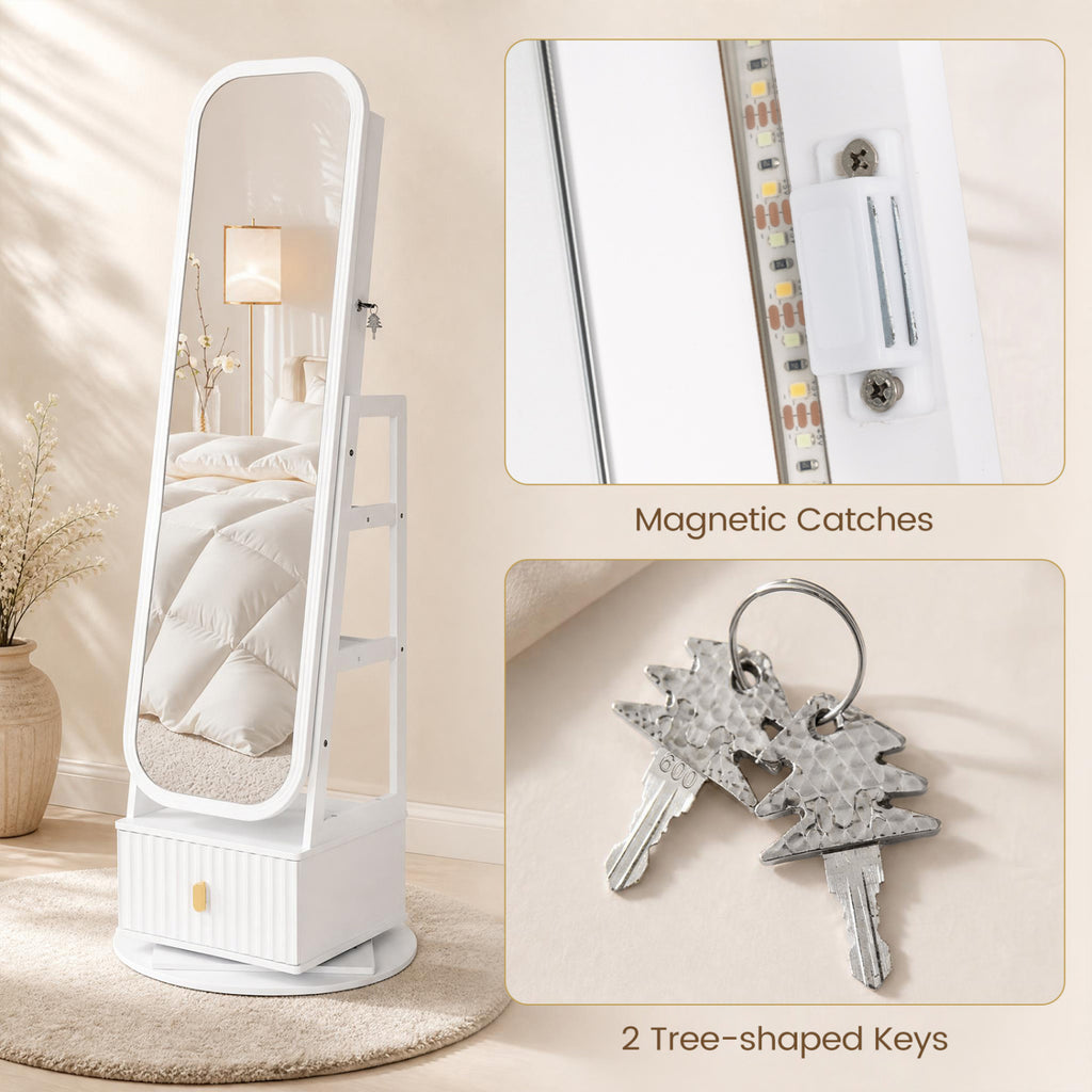 360° Swivel Jewelry Cabinet with Full-Length Mirror - White