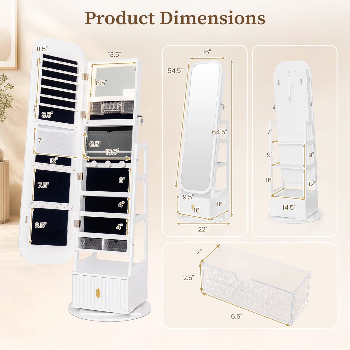 360° Swivel Jewelry Cabinet with Full-Length Mirror - White
