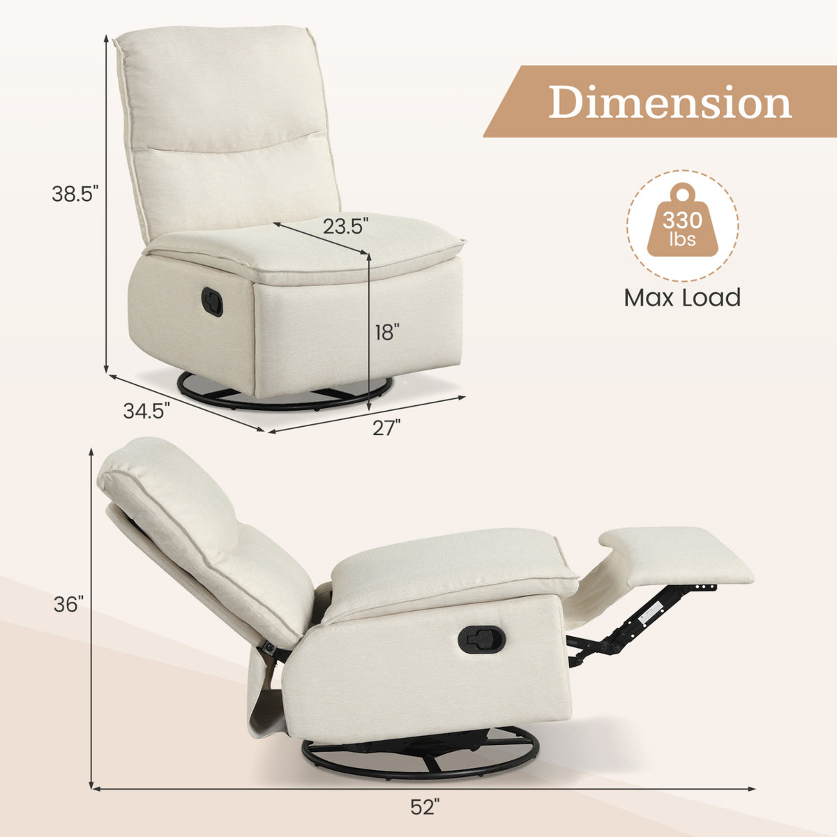 360° Swivel Rocking Chair with Padded Back - Beige