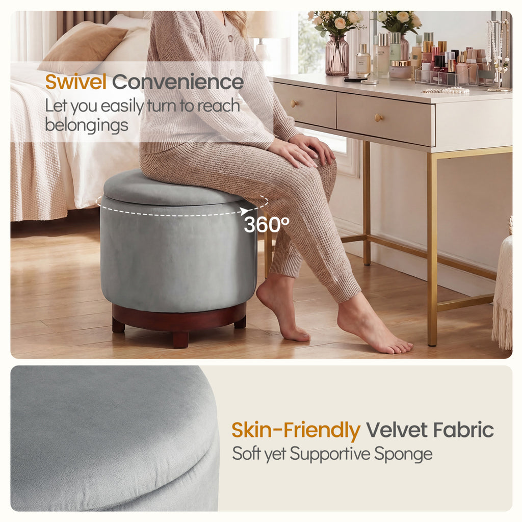 360° Swivel Ottoman with Hidden Storage - Gray Velvet
