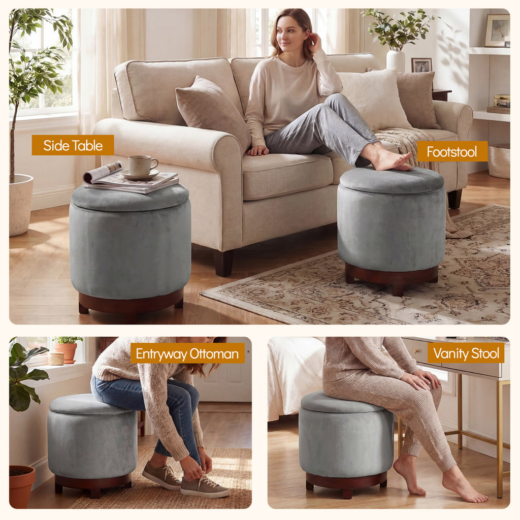 360° Swivel Ottoman with Hidden Storage - Gray Velvet