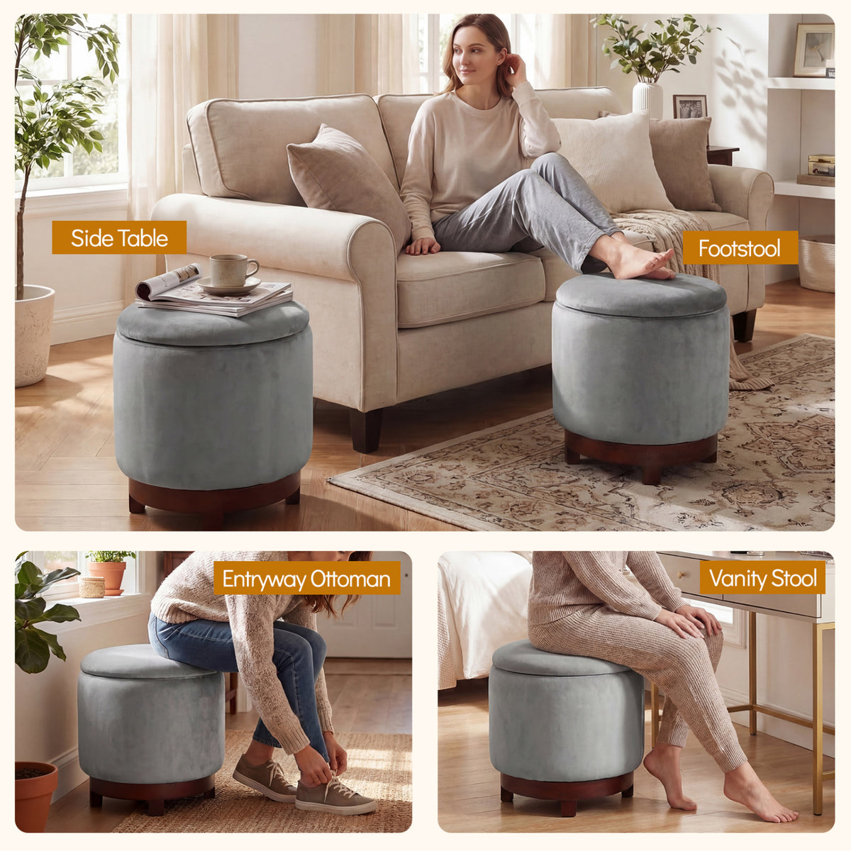360° Swivel Ottoman with Hidden Storage - Gray Velvet