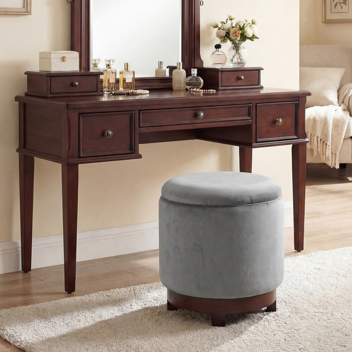 360° Swivel Ottoman with Hidden Storage - Gray Velvet