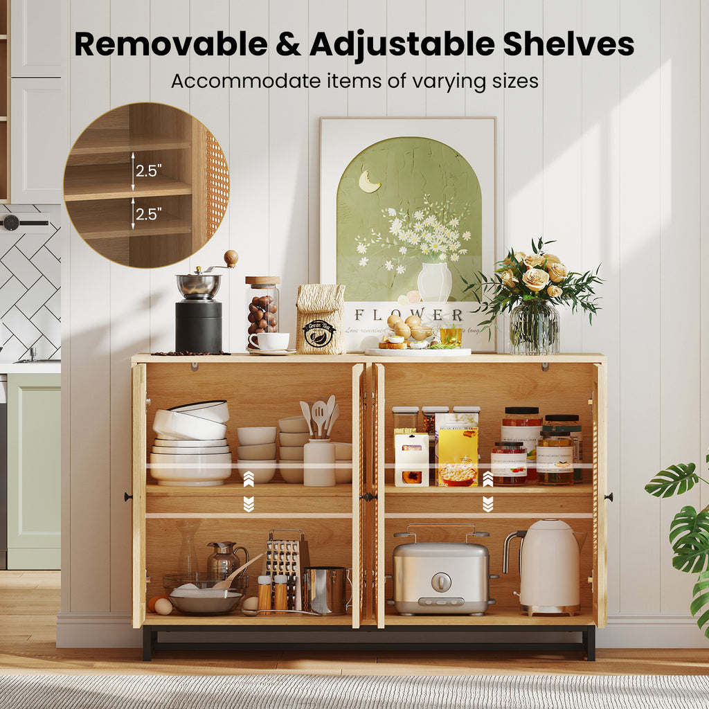 50-Inch Buffet Sideboard Cabinet with 4 Rattan Doors, Natural