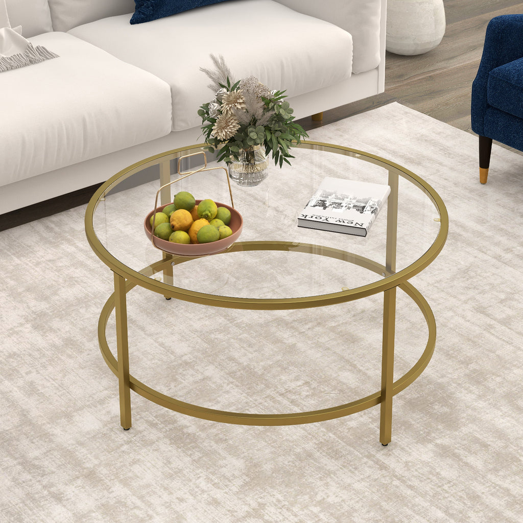 35.5 Inch Round Coffee Table with Tempered Glass Tabletop - Golden